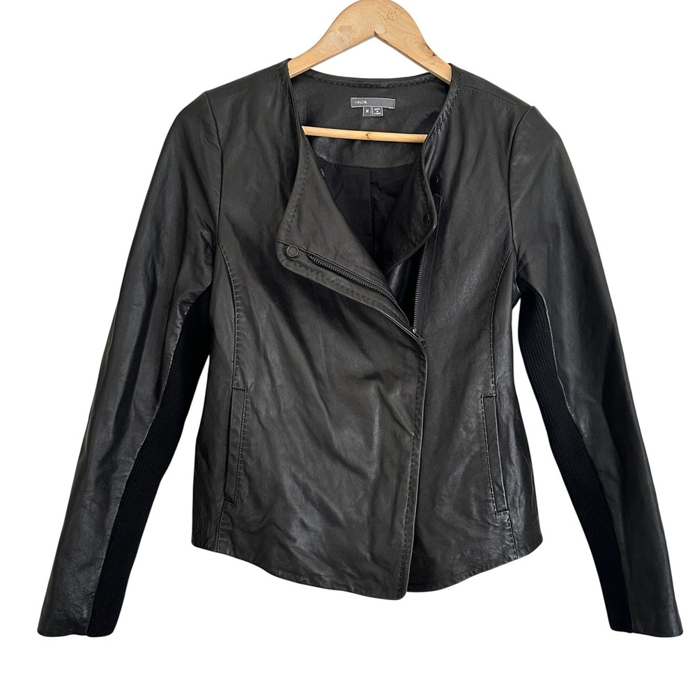 Vince 100% Leather Zip Moto Jacket Womens M Black Crop Sleek Modern Chic Grunge